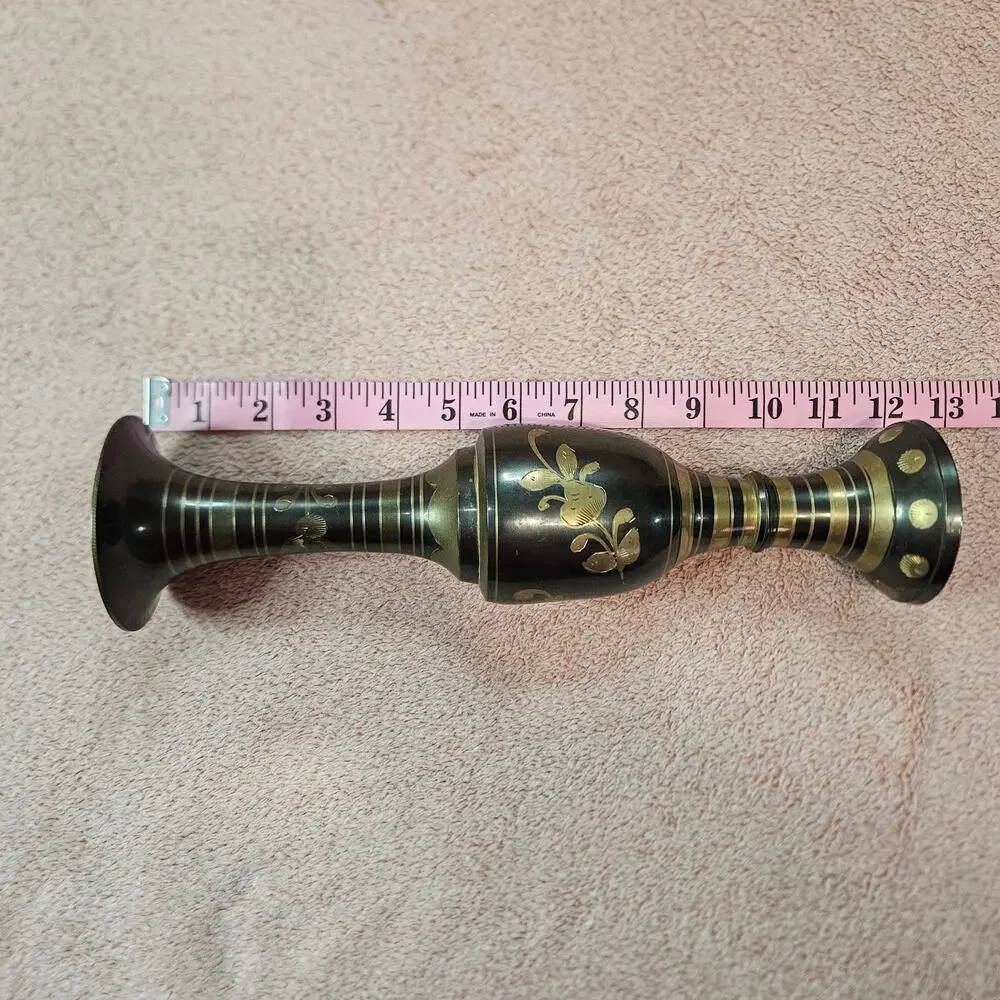 Vintage Etched Solid Brass and Black Enamel Floral Decorative Vase Made in India